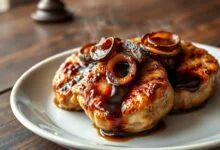 Bistecas de porco douradas e macias, cobertas por um molho de shoyu escuro, encorpado e brilhante, com fatias de cebola caramelizada, servidas em um prato branco sobre uma mesa de madeira rústica.