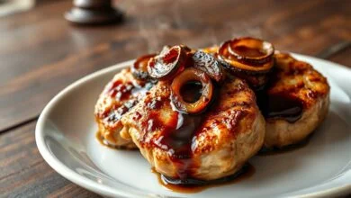 Bistecas de porco douradas e macias, cobertas por um molho de shoyu escuro, encorpado e brilhante, com fatias de cebola caramelizada, servidas em um prato branco sobre uma mesa de madeira rústica.