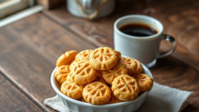 Tigela de bolachinhas douradas e crocantes, com marcas de garfo, prontas para servir com café.