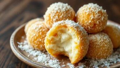 Bolinhas de coco douradas e macias, com crosta branca de coco ralado, dispostas em um prato de cerâmica rústica.