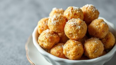 Vista apetitosa das bolinhas de coco low carb prontas, com casca levemente dourada e textura macia.