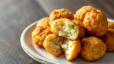 Pilha de bolinhos de arroz dourados e perfeitamente esféricos, com uma textura crocante por fora e macia por dentro, prontos para serem servidos.