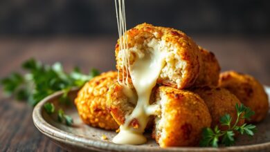 Bolinhos de arroz dourados e crocantes, abertos para revelar o recheio de muçarela derretido, servidos em um prato rústico.