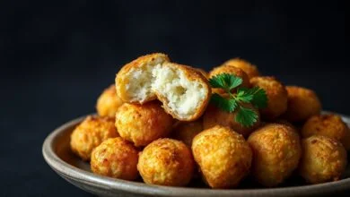 Bolinhos dourados e crocantes, com interior macio à mostra, servidos em um prato rústico.