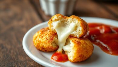 Bolinhos dourados e crocantes com queijo derretido escapando de um corte, prontos para servir.
