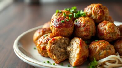 Bolinhos de carne dourados e perfeitamente esféricos, com casca crocante e interior suculento, servidos como um lanche apetitoso.