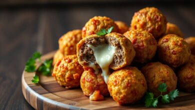Bolinhos de carne dourados e crocantes com recheio de queijo derretido