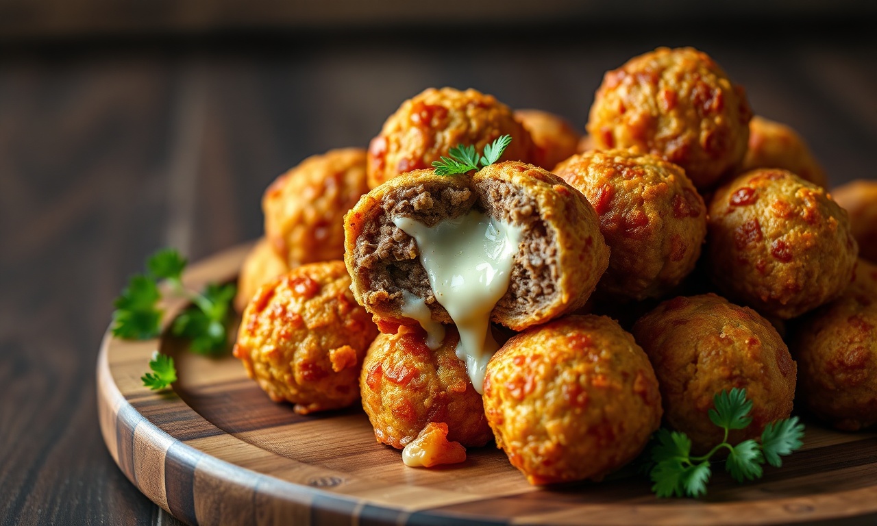 Bolinhos de carne dourados e crocantes com recheio de queijo derretido