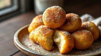 Bolinhos de chuva dourados e fofinhos, polvilhados com açúcar e canela, prontos para servir