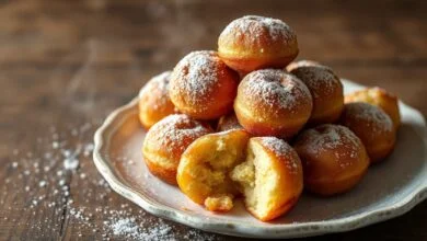 Bolinhos dourados e fofinhos, polvilhados com açúcar, prontos para servir.