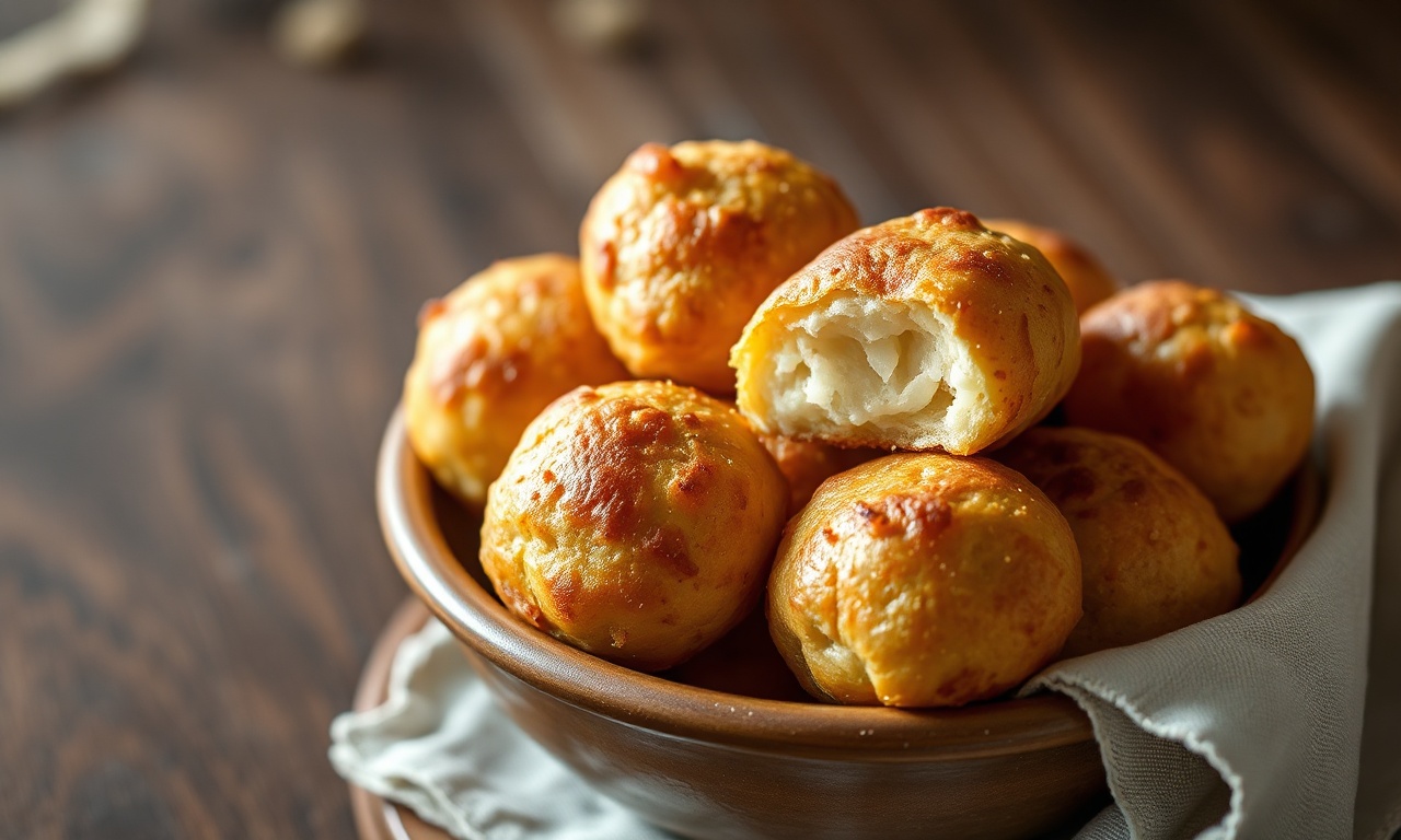 Uma travessa com bolinhos de polvilho dourados, com casquinha crocante e textura aerada visível.