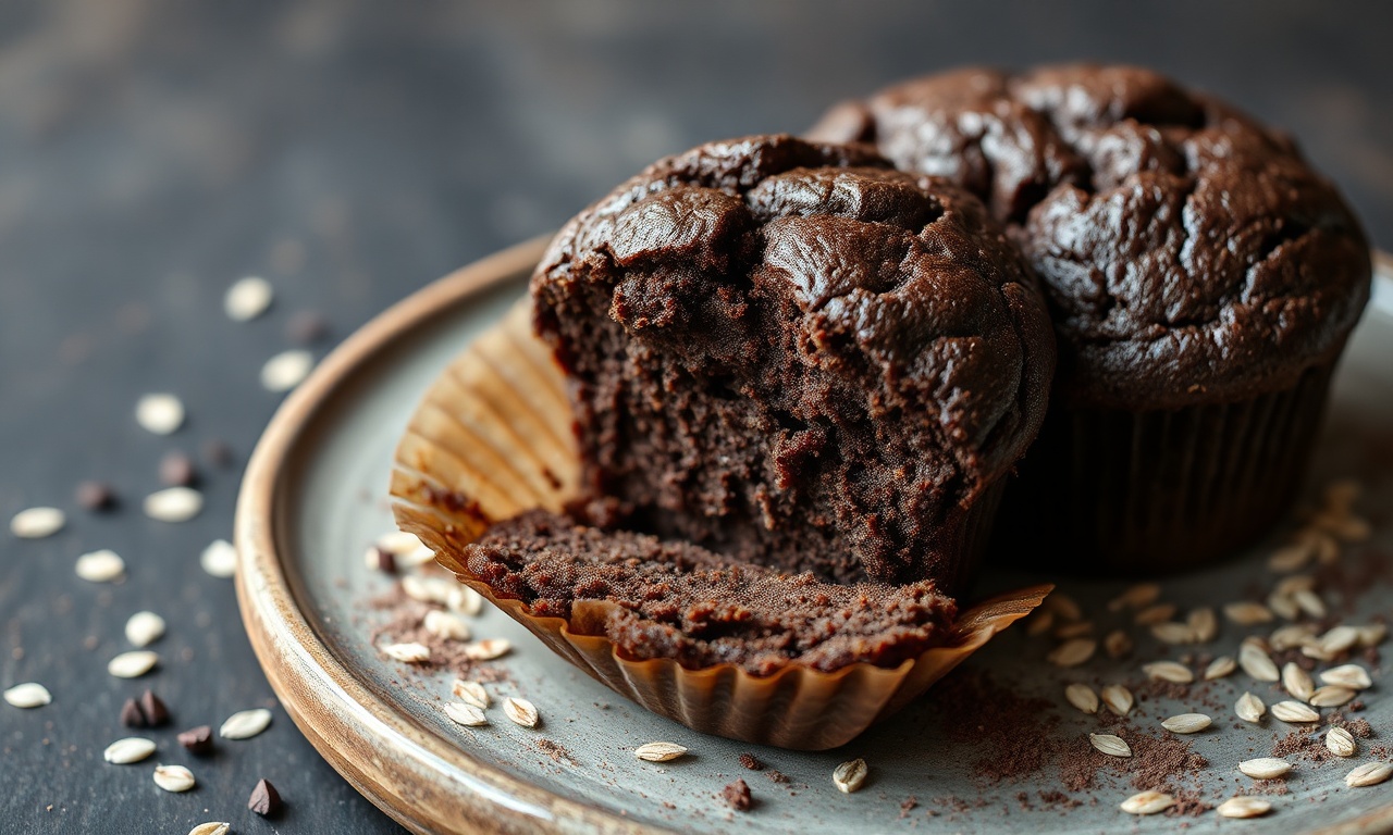 Bolinho Fit De Chocolate Fofinho Com Aveia E Banana (Sem Açúcar) 3 Bolinho de chocolate úmido e fofinho, com interior escuro e crosta macia, fatiado em um prato rústico.