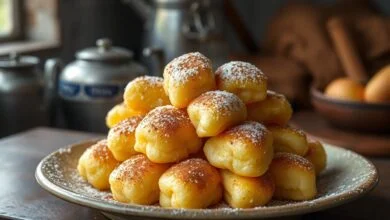 Montanha de bolinhos de chuva fofos e dourados, cobertos por uma camada generosa de açúcar e canela, convidando para o lanche.
