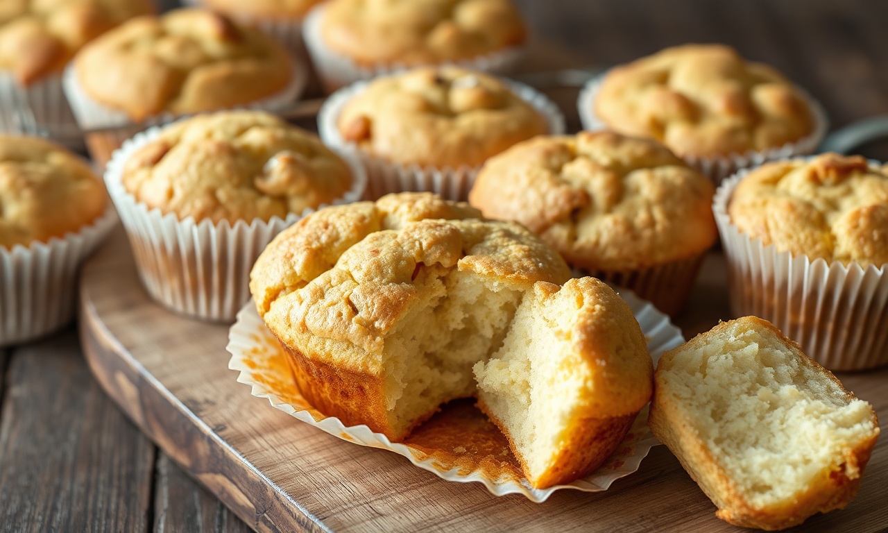 Bolinho De Iogurte Sem Açúcar: Fofinho Em 30 Min Com 5 Ingredientes 3 Vista dos bolinhos fofos e dourados, ainda mornos, em uma travessa de madeira rústica.