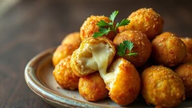 Bolinhos dourados e crocantes feitos com sobra de mandioca, com recheio de queijo derretido, servidos em um prato de cerâmica.