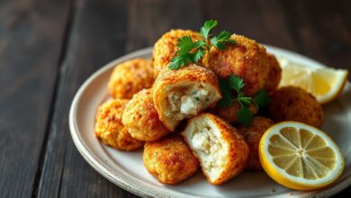 Prato de bolinhos de peixe dourados e crocantes, prontos para servir com fatias de limão fresco.
