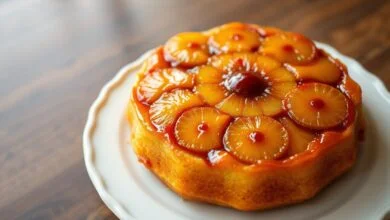 Bolo invertido perfeitamente desenformado, com rodelas de abacaxi caramelizado formando um padrão espiralado brilhante no topo, e a massa fofa e dourada visível nas laterais.