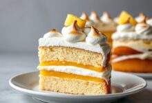 O bolo finalizado, com camadas visíveis de massa, doce de abacaxi, creme e uma generosa cobertura de merengue em picos, fatiado para mostrar o interior.