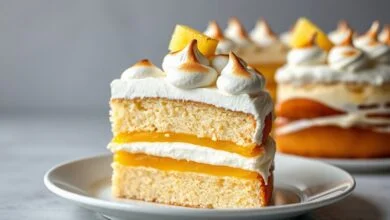 O bolo finalizado, com camadas visíveis de massa, doce de abacaxi, creme e uma generosa cobertura de merengue em picos, fatiado para mostrar o interior.