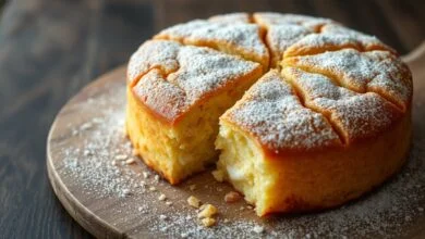 Um bolo de aipim dourado, com superfície rachada levemente, fatiado para revelar a textura úmida e cremosa, com flocos de coco visíveis.