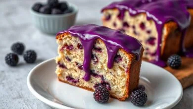 Fatia de bolo de amora úmido, de cor vibrante, com glacê roxo brilhante escorrendo pelas laterais, servido em um prato branco.
