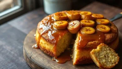 Bolo redondo com cobertura de bananas caramelizadas douradas e brilhantes, fatiado revelando interior fofinho e macio.