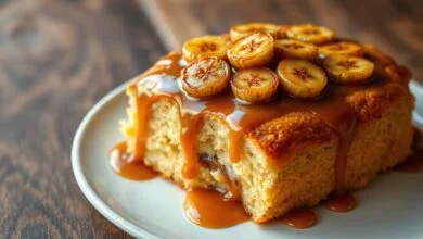 Um bolo dourado e fofinho, com fatias de banana caramelizada visíveis na superfície e uma calda espessa escorrendo pelas laterais.