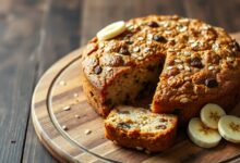 Bolo redondo dourado com pedaços de banana e uvas passas, fatiado em uma tábua de madeira.