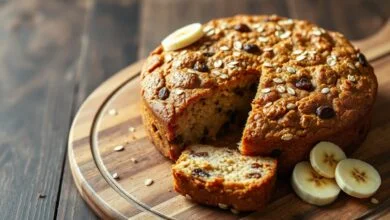 Bolo redondo dourado com pedaços de banana e uvas passas, fatiado em uma tábua de madeira.
