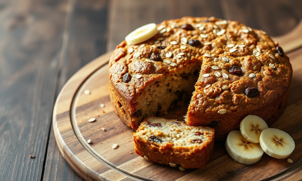 Bolo redondo dourado com pedaços de banana e uvas passas, fatiado em uma tábua de madeira.