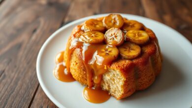 O bolo desenformado com a calda dourada escorrendo pelas laterais e fatias de banana caramelizadas por cima.