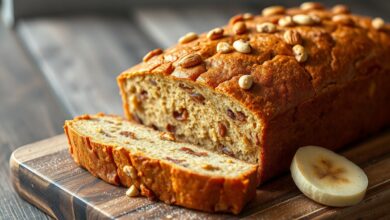 Bolo de banana dourado com crosta craquelada, coberto por castanhas tostadas, fatiado para revelar a textura úmida e fofa, com aroma de canela.