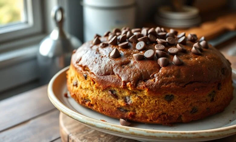 Bolo alto e dourado com gotas de chocolate derretidas no topo