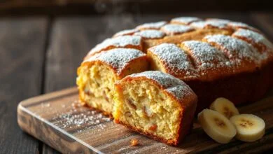 Um bolo de banana dourado, com a superfície rachada e levemente crocante, fatiado para revelar a textura úmida e macia por dentro, com pequenos pedaços de banana visíveis.