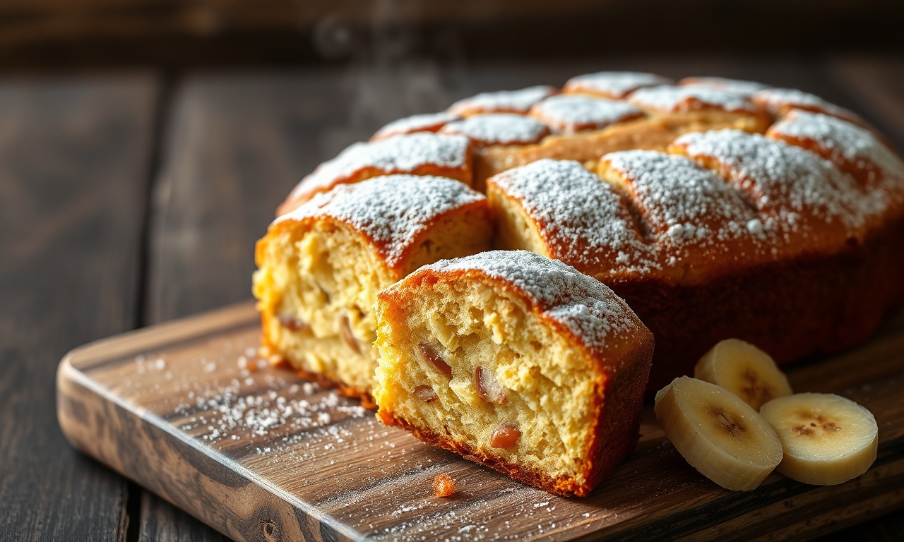 Um bolo de banana dourado, com a superfície rachada e levemente crocante, fatiado para revelar a textura úmida e macia por dentro, com pequenos pedaços de banana visíveis.