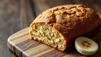 Bolo de banana fit redondo e dourado, fatiado sobre uma tábua de madeira rústica, expondo um miolo macio e úmido com pedacinhos de banana.