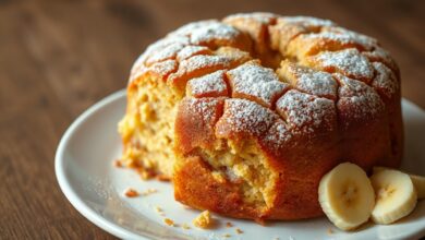 O bolo de banana inteiro, com casquinha dourada e miolo macio, fatiado e pronto para servir.