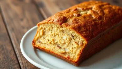 Bolo de banana dourado, fofinho e úmido, fatiado para revelar a textura macia, com pedaços de banana visíveis.
