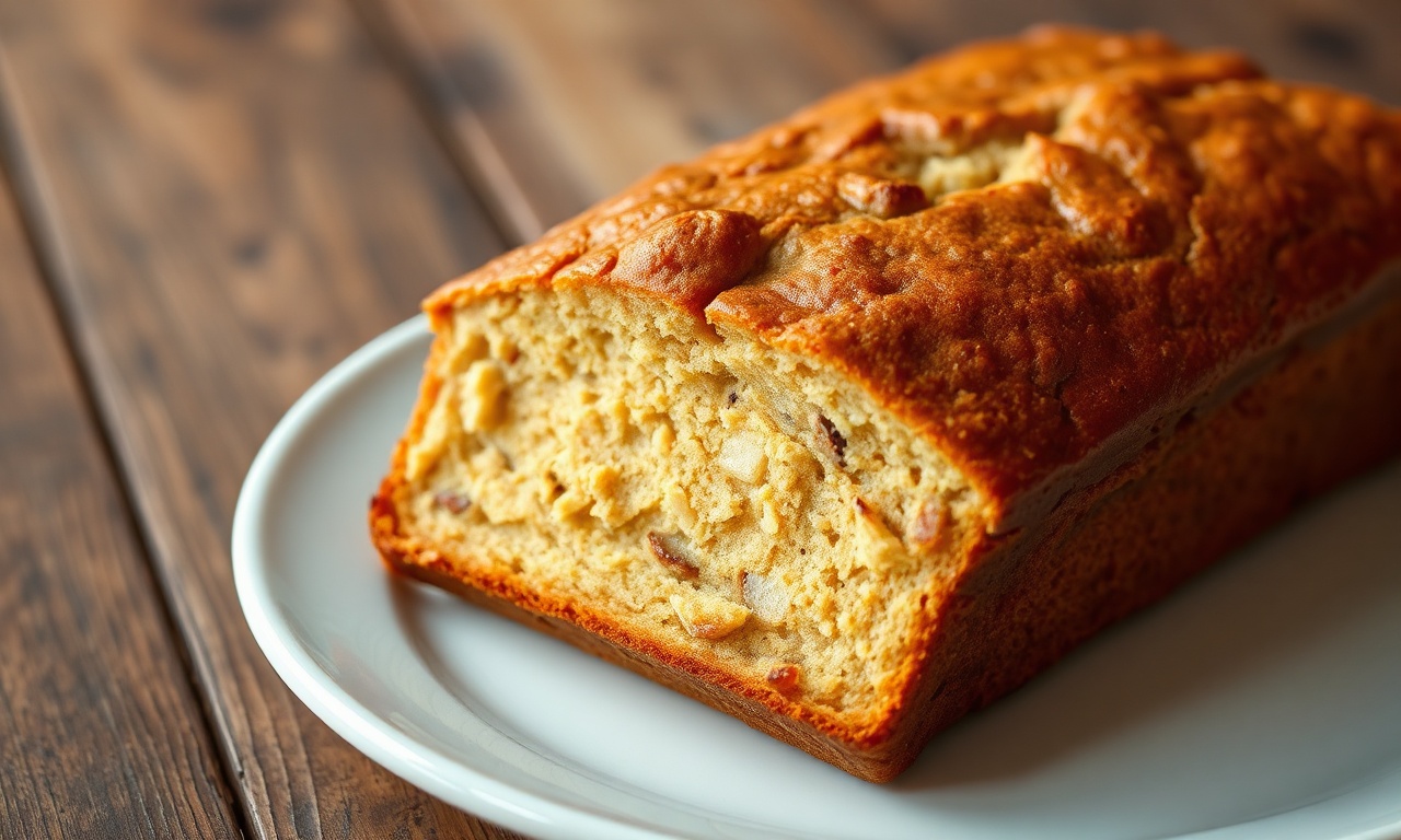 Bolo de banana dourado, fofinho e úmido, fatiado para revelar a textura macia, com pedaços de banana visíveis.