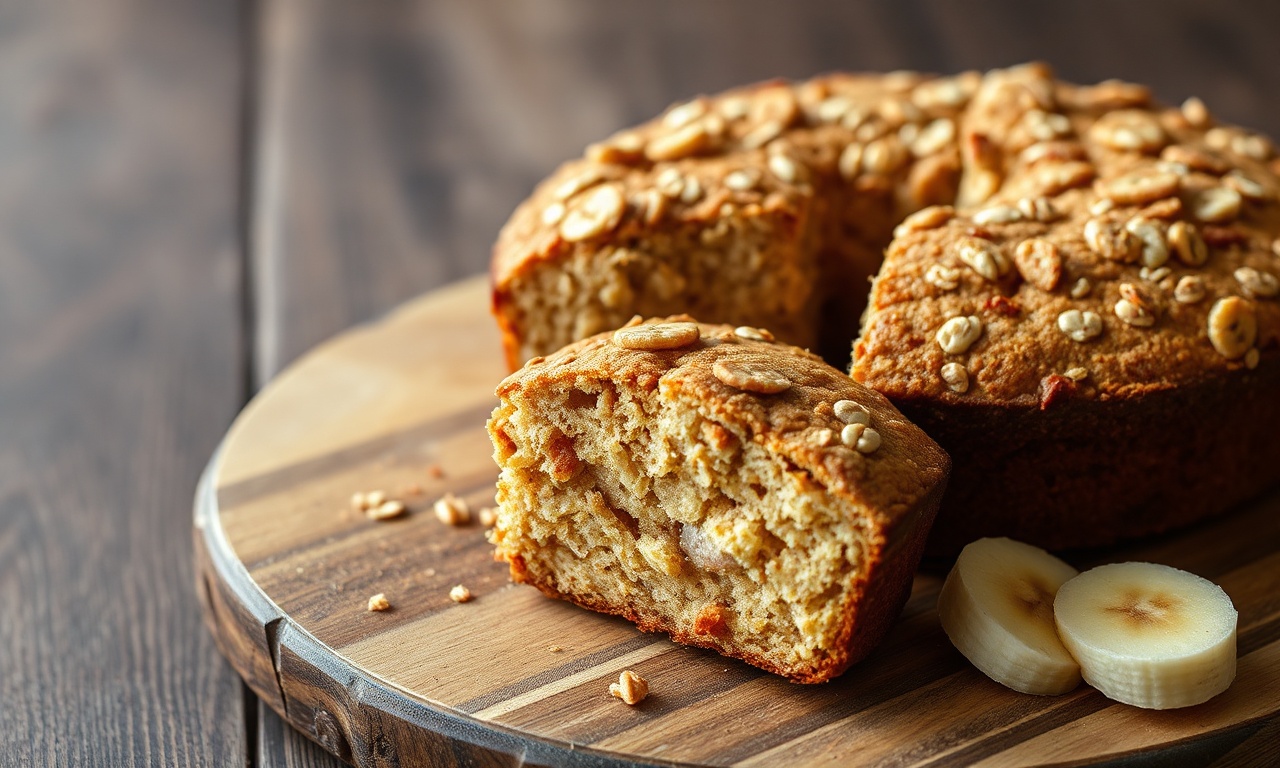 Bolo De Banana Sem Açúcar: Fofinho E Naturalmente Doce 3 O bolo inteiro, dourado, com uma fatia generosa sendo servida, mostrando a textura macia e úmida por dentro.