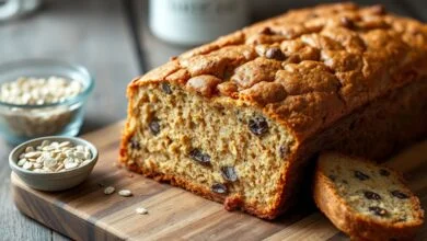 Bolo de banana sem glúten inteiro, dourado e com textura úmida, fatiado sobre uma tábua de madeira.