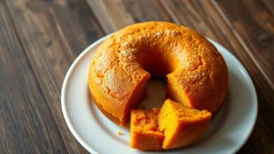 Bolo de batata doce inteiro, com cor vibrante e textura macia, fatiado e pronto para servir.