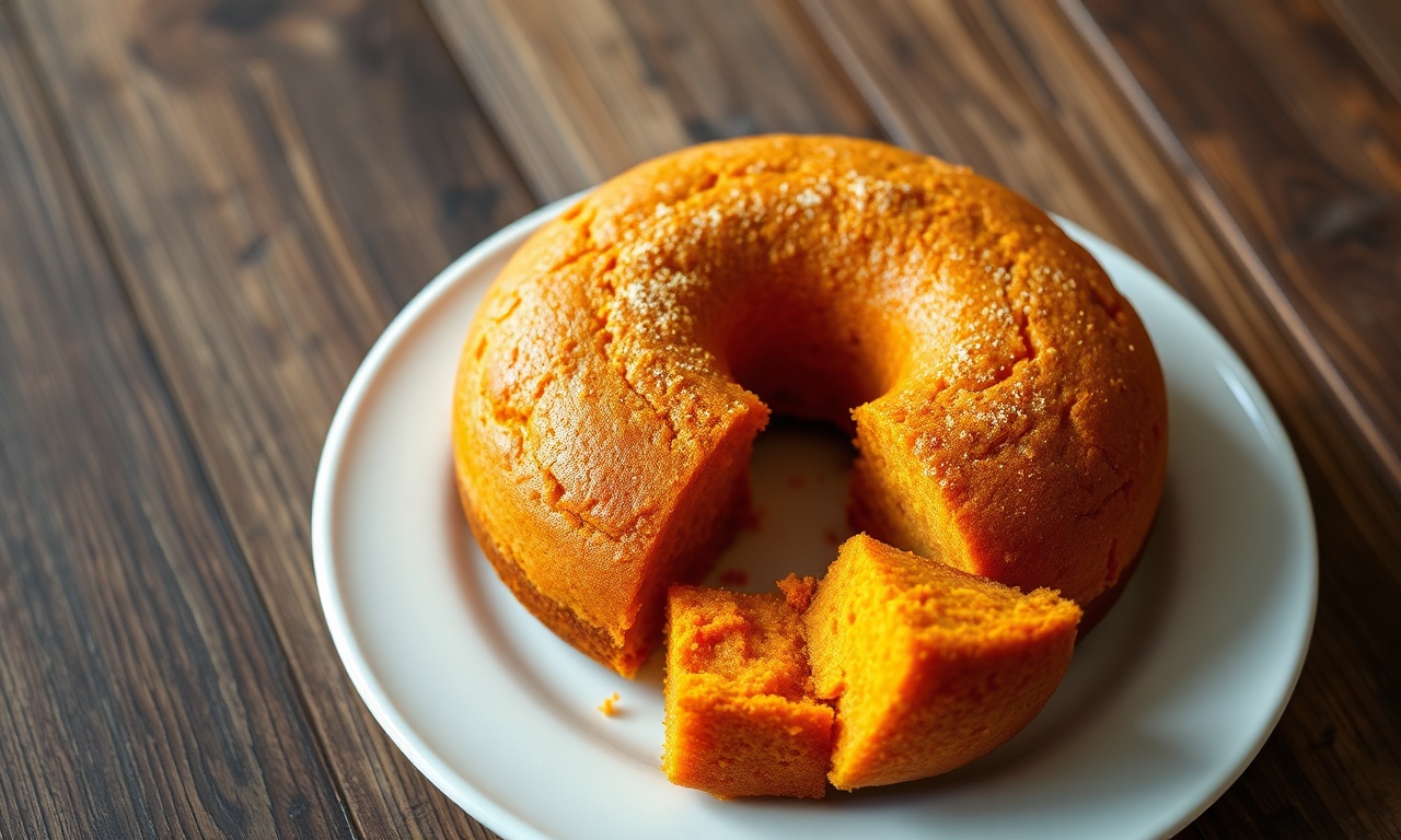 Bolo de batata doce inteiro, com cor vibrante e textura macia, fatiado e pronto para servir.