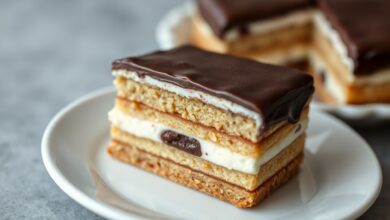 Fatia de bolo de biscoito com chocolate em primeiro plano, mostrando camadas uniformes de biscoito maisena e creme firme, coberto com uma camada espessa e brilhante de chocolate meio amargo.