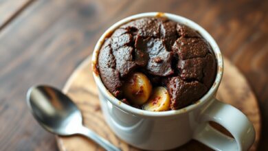 Bolo de caneca fofinho e úmido, com a parte superior rachada mostrando o interior escuro do chocolate e pedaços de banana caramelizada, servido em uma caneca branca com uma colher ao lado.