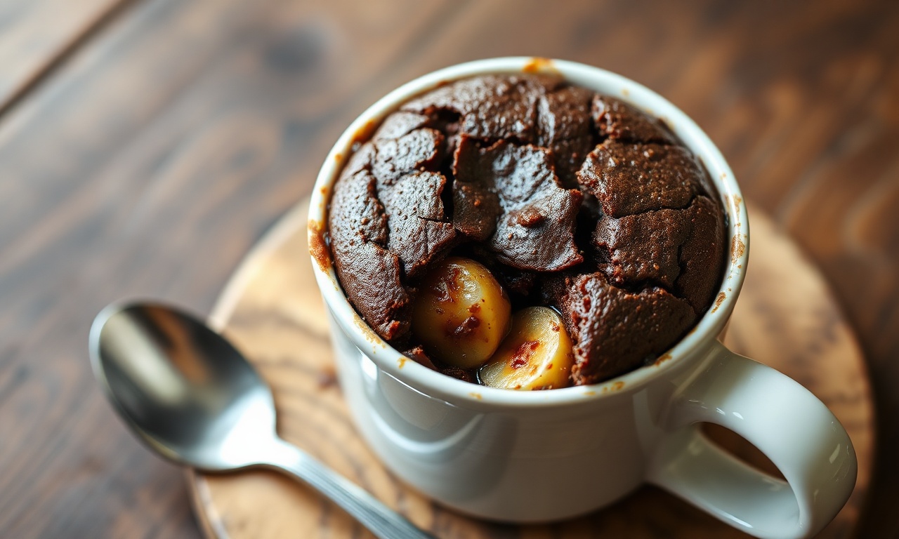 Bolo de caneca fofinho e úmido, com a parte superior rachada mostrando o interior escuro do chocolate e pedaços de banana caramelizada, servido em uma caneca branca com uma colher ao lado.