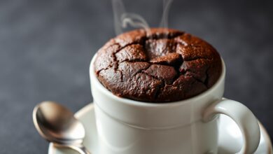 Bolo de chocolate fofinho e úmido, servido dentro de uma caneca branca de cerâmica.