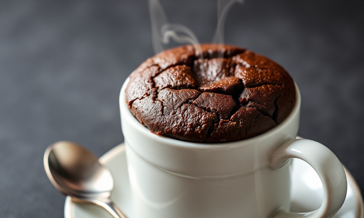 Bolo de chocolate fofinho e úmido, servido dentro de uma caneca branca de cerâmica.