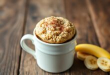 Um bolo de caneca saudável, macio e úmido, feito com banana e aveia, finalizado com uma pitada de canela e servido em uma caneca de cerâmica.