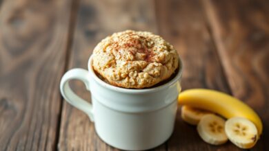 Um bolo de caneca saudável, macio e úmido, feito com banana e aveia, finalizado com uma pitada de canela e servido em uma caneca de cerâmica.